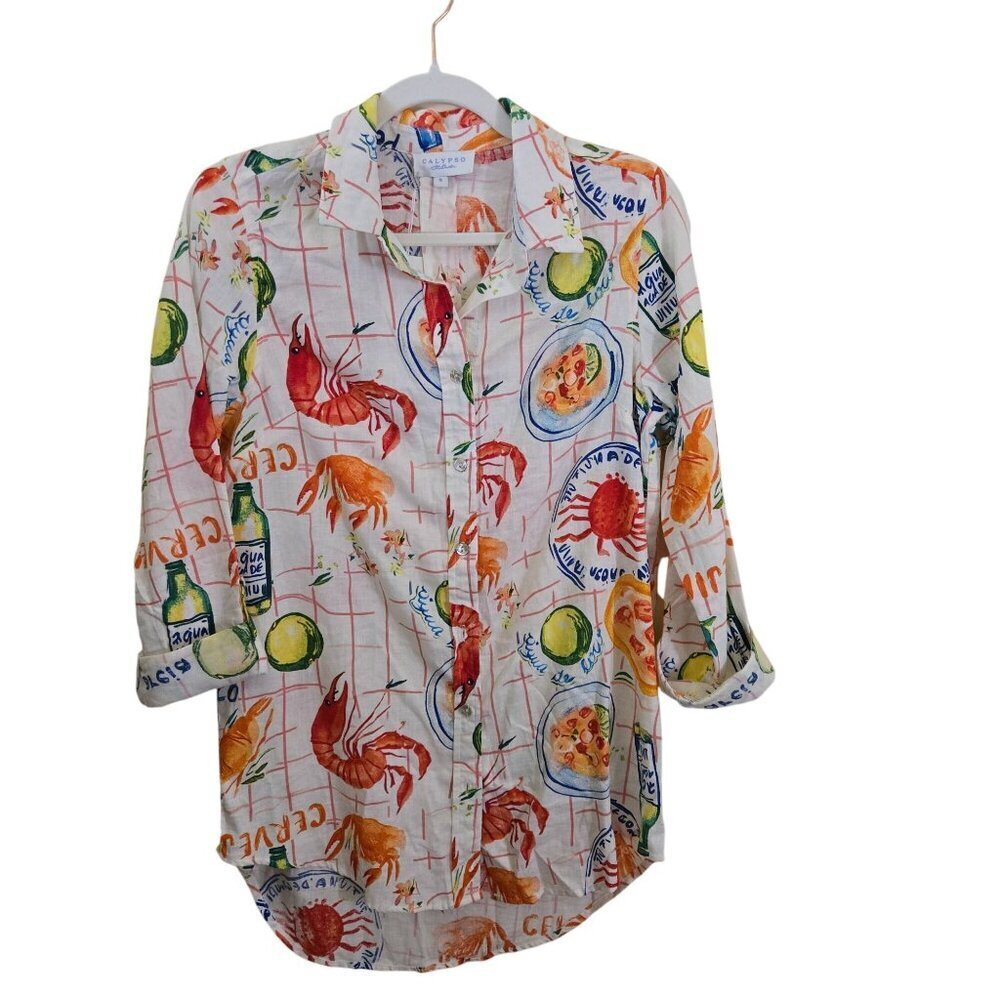 Calypso St. Barth NWT Cajun Novelty Print Button Down Linen Blend Blouse Size S